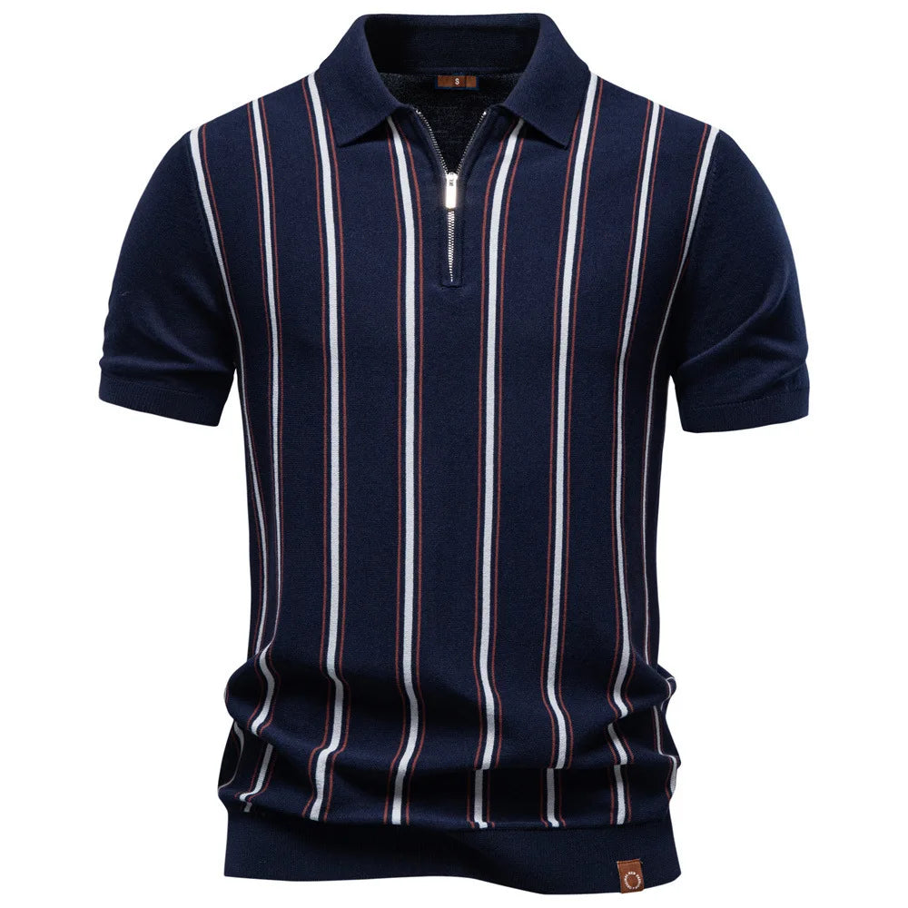 Summer 2026 Men's Business Striped Zipper Knitted POLO Shirt Short Sleeve Woolen Knitwear Casual Breathable Sweat Absorbent