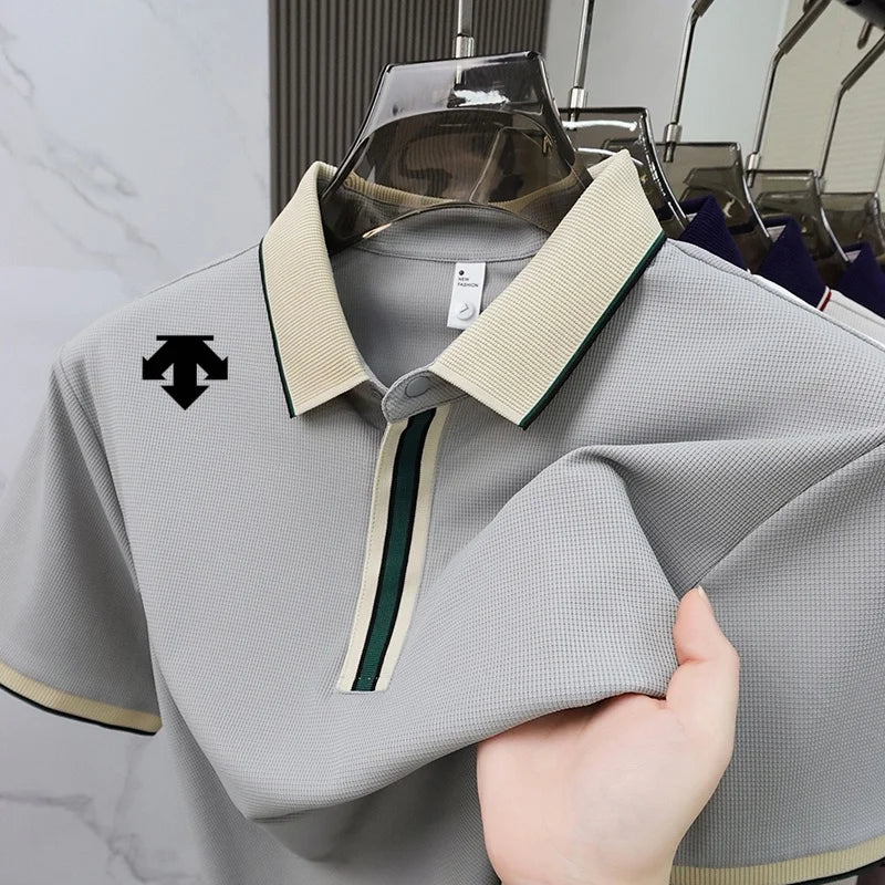 Summer mens contrast stripe lapel luxury embroidere polo shirt comfort breath busine casual daily commut short sleeve Tshirt top
