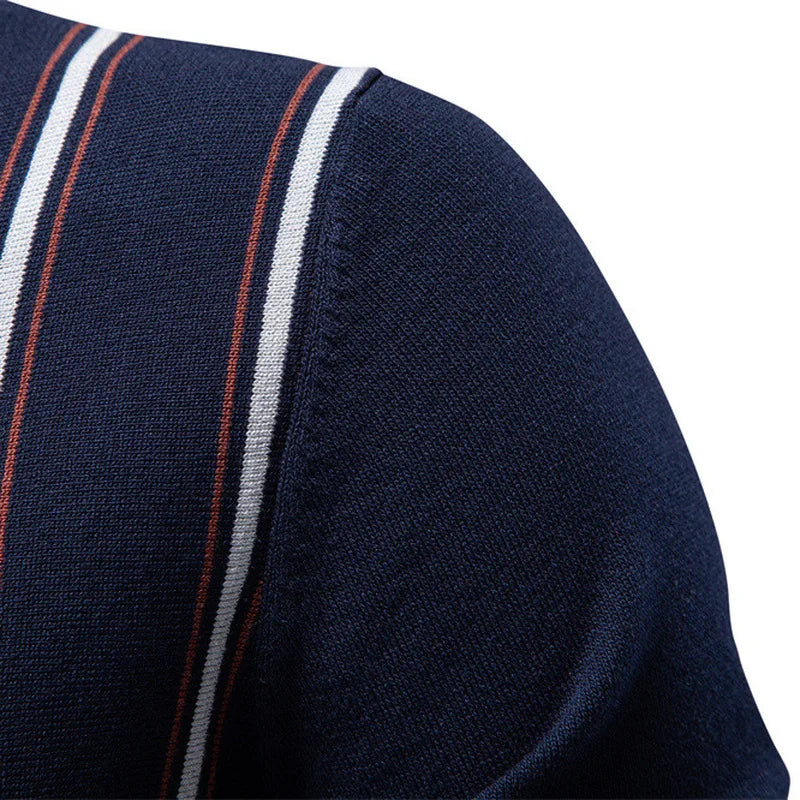 Summer 2026 Men's Business Striped Zipper Knitted POLO Shirt Short Sleeve Woolen Knitwear Casual Breathable Sweat Absorbent
