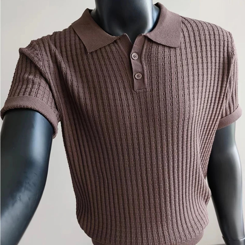 Men’s Short Sleeve Ribbed Knit Polo Shirt Solid Color Soft Breathable Classic Collar Casual Top Business Sports