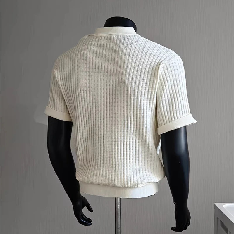Men’s Short Sleeve Ribbed Knit Polo Shirt Solid Color Soft Breathable Classic Collar Casual Top Business Sports