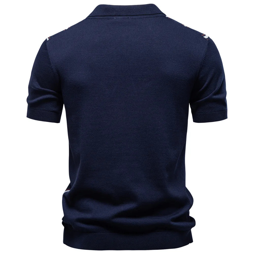 Summer 2026 Men's Business Striped Zipper Knitted POLO Shirt Short Sleeve Woolen Knitwear Casual Breathable Sweat Absorbent